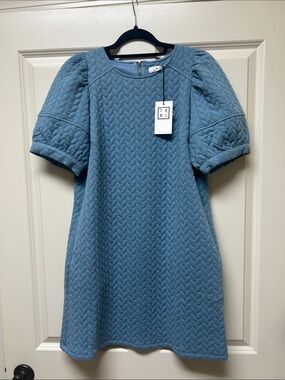 THML Quilted Puff-Sleeve Shift Dress in Light Blue